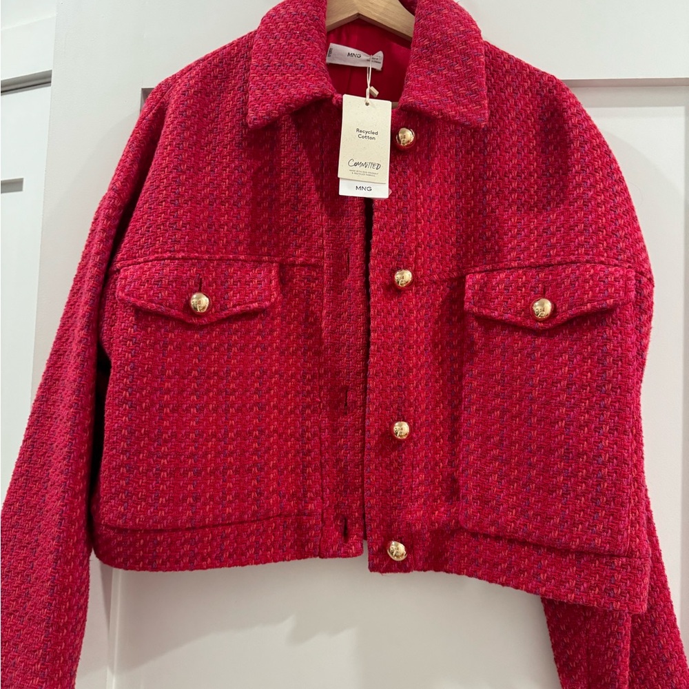MANGO Womens red/pink cropped tweed jacket with gold buttons